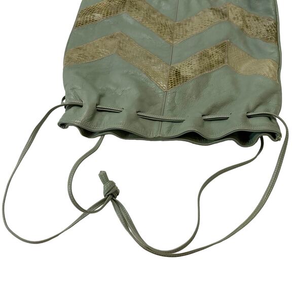 Vintage 1980's Leather Tote Shoulder Bag Green Gold Chevron - Picture 8 of 13